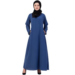 A-line abaya with piping at sleeves-Blue-black